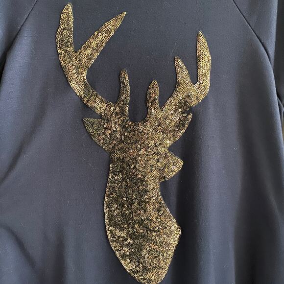 Women's L ELLA MARA Dark Blue Tunic with Gold Sequin Deer - Picture 2 of 6